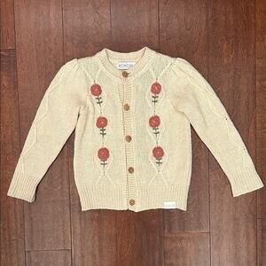 Kokori Beige Knit Cardigan with Floral Accents, Size 2